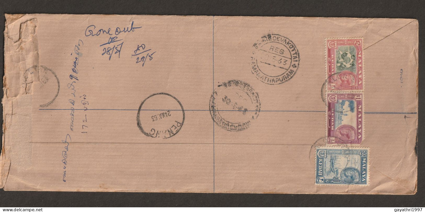 Malaya 1963 Malaya Stamp And Kedah Stamp Combined Used From Malaya To India Long Cover High Value Stamp(L8) - Kedah