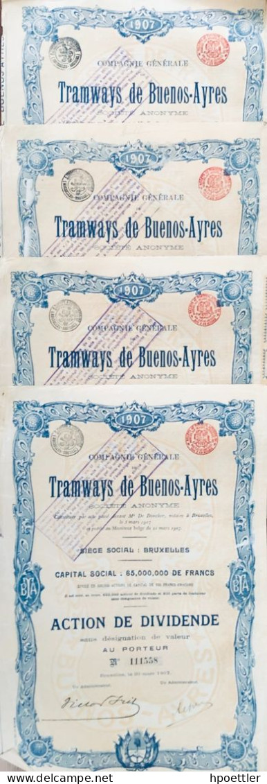 Action Lot De 4 X Tramways De Buenos-Ayres - Avec Coupons - Action De Dividende - Railway & Tramway