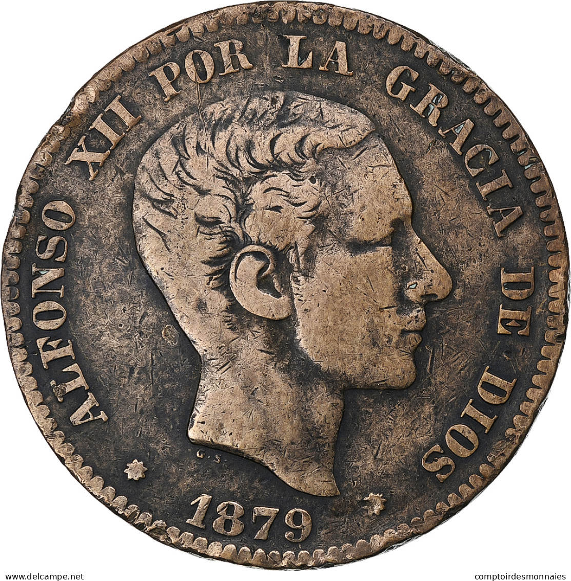 Espagne, Alfonso XII, 10 Centimos, 1879, Barcelona, Cuivre, TB+, KM:675 - First Minting