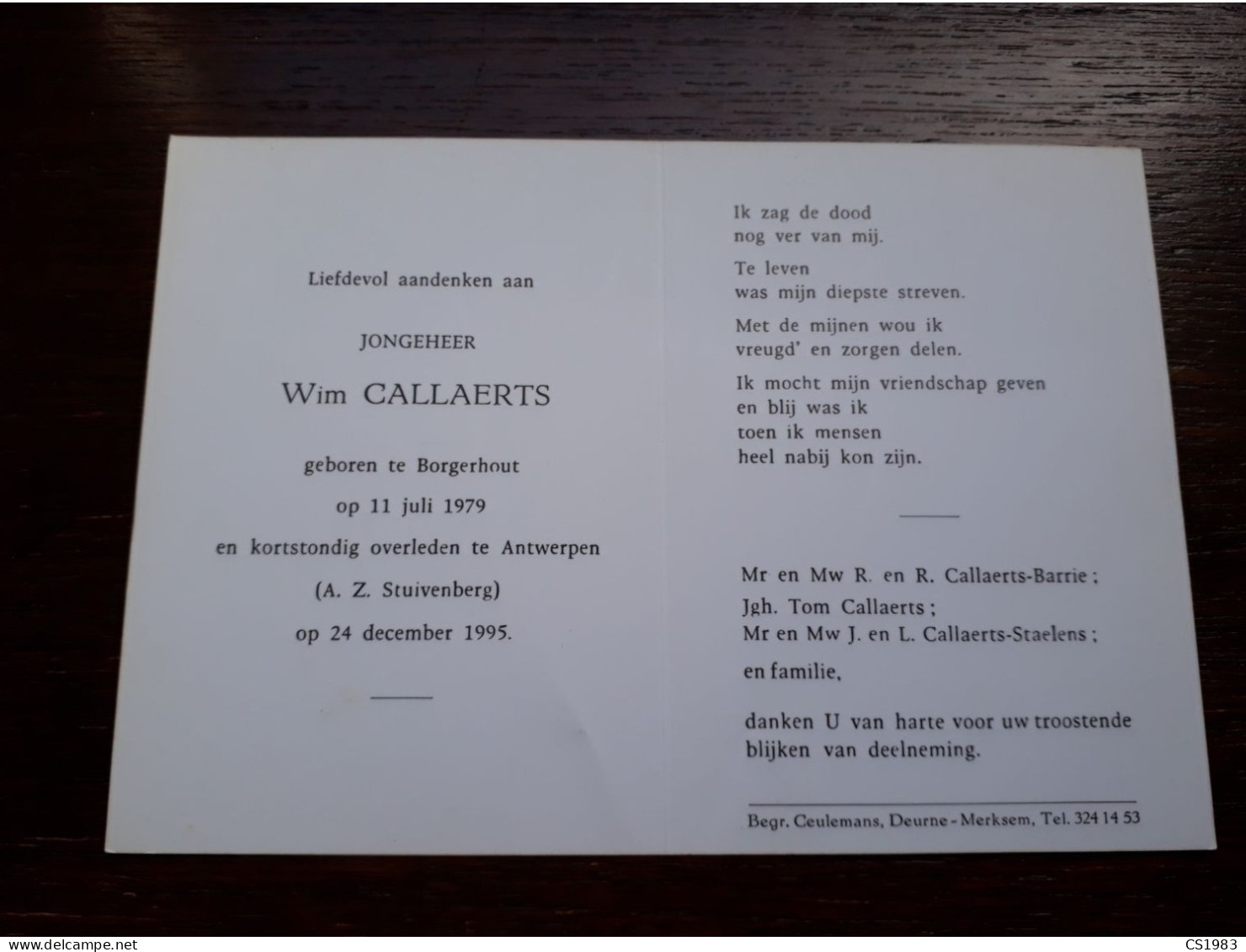 Wim Callaerts ° Borgerhout 1979 + Antwerpen 1995 - Obituary Notices