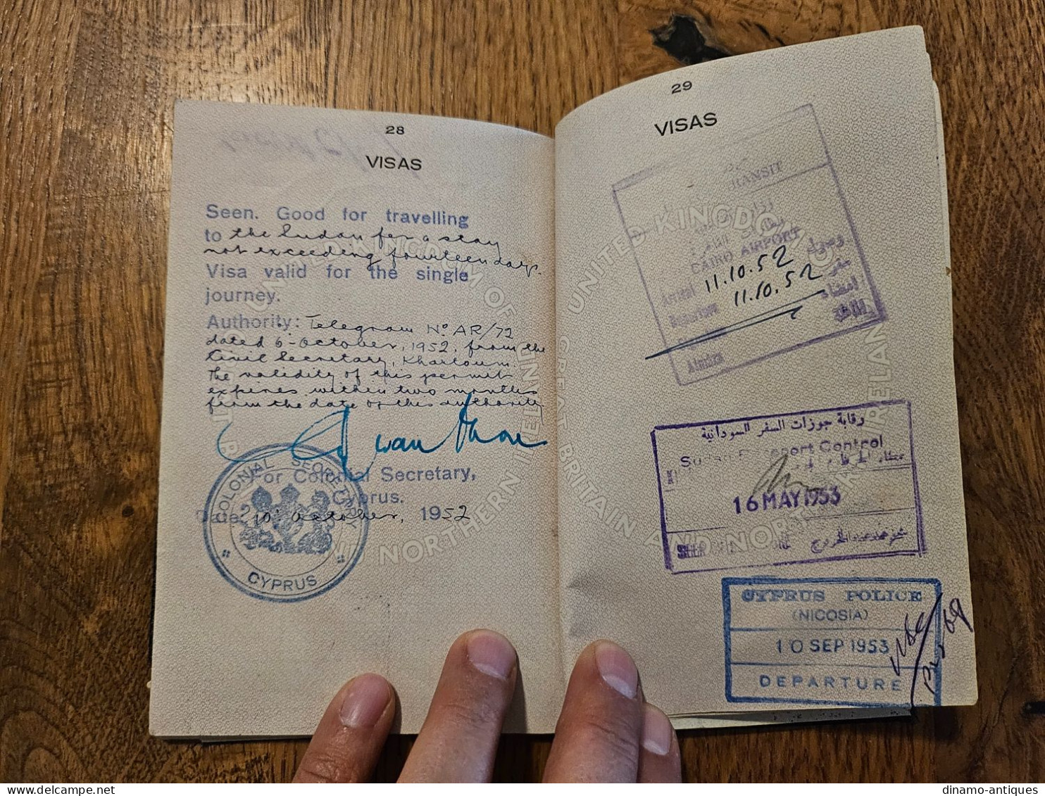 1949 Colony Cyprus passport passeport - travel to Lebanon Egypt Turkey Syria Greece Iraq Sudan Eritrea revenues fiscal