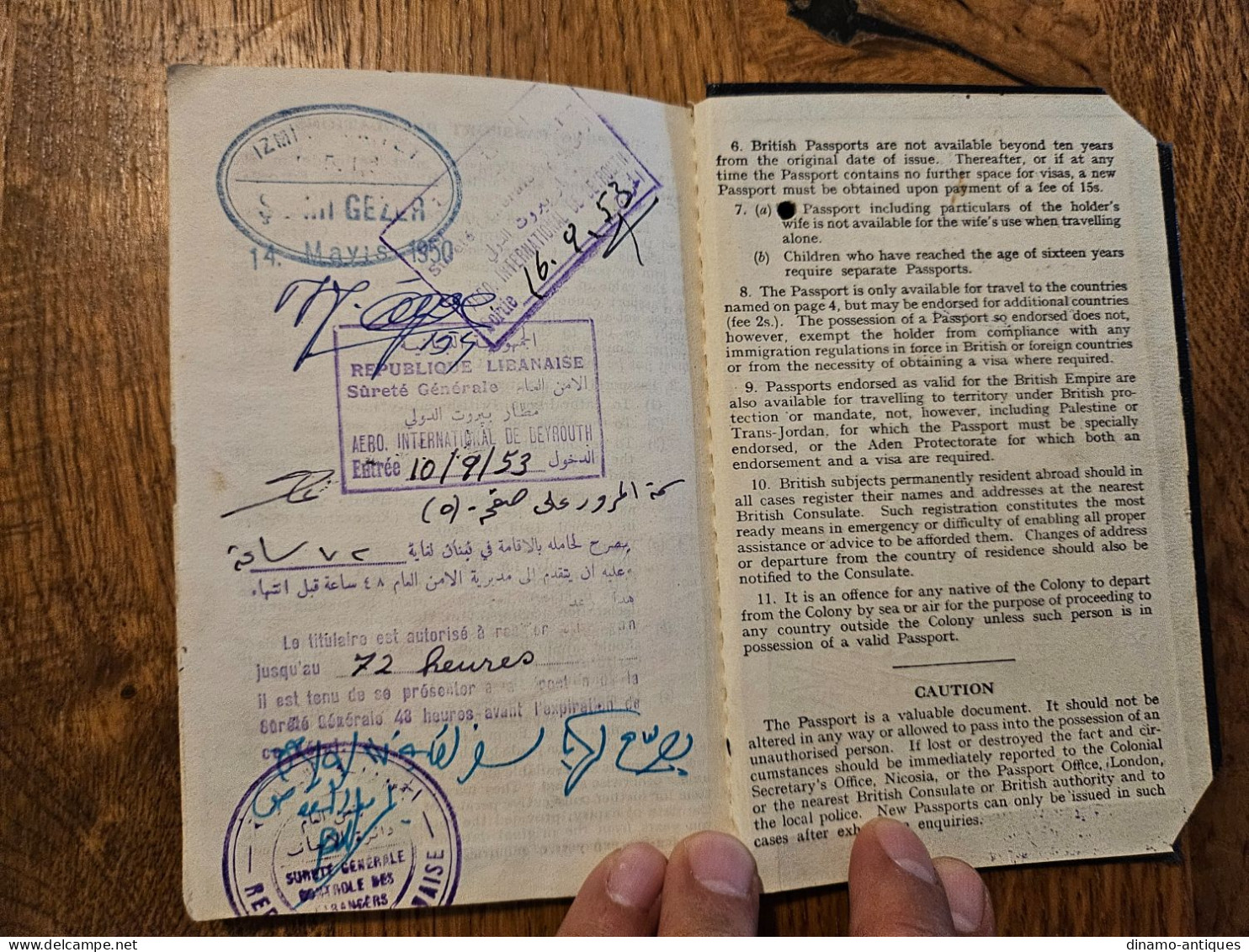 1949 Colony Cyprus passport passeport - travel to Lebanon Egypt Turkey Syria Greece Iraq Sudan Eritrea revenues fiscal