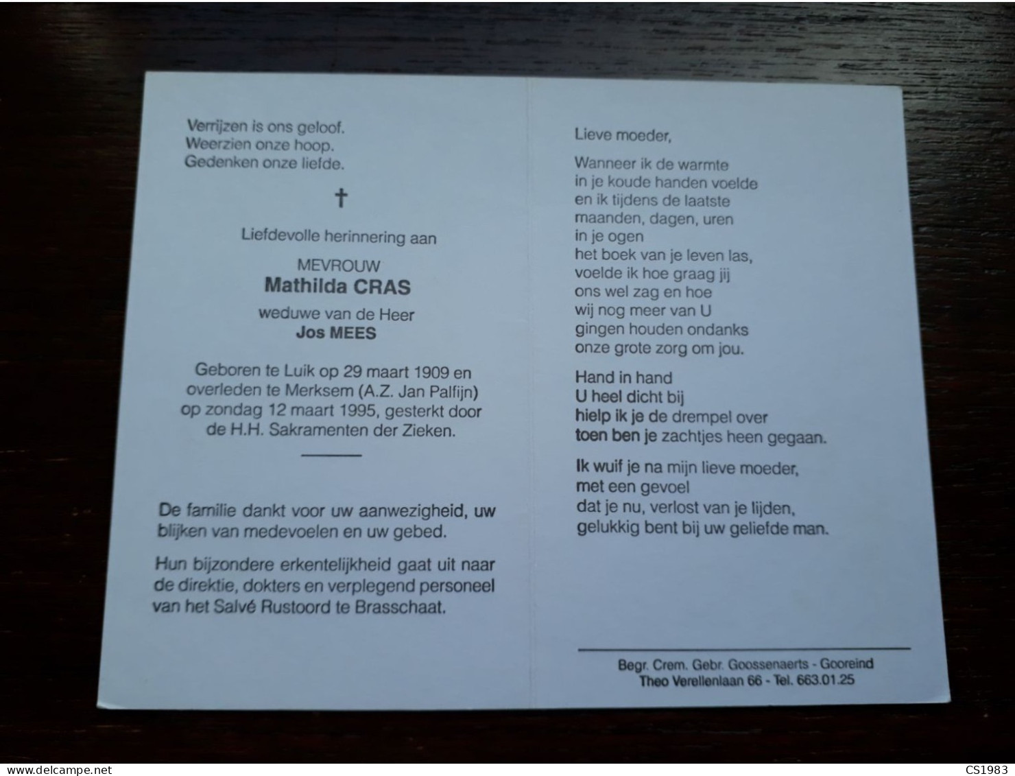 Mathilda Cras ° Luik (Liege) 1909 + Merksem 1995 X Jos Mees - Obituary Notices