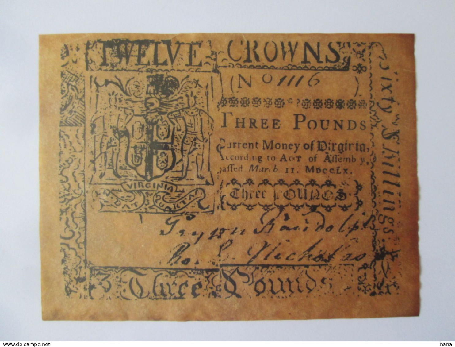 USA-British Colony Of Virginia 3 Pounds 1760 Fantasy/fantaisie Banknote See Pictures - Otros & Sin Clasificación