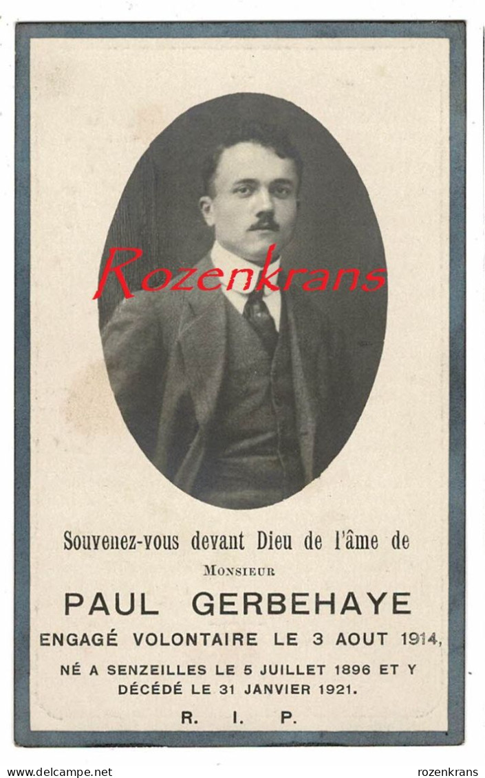 Paul Gerbehaye Volontaire WWI Senzeilles 1921 Met Foto Photo Doodsprentje Bidprentje Avis De Décès Image Mortuaire - Obituary Notices