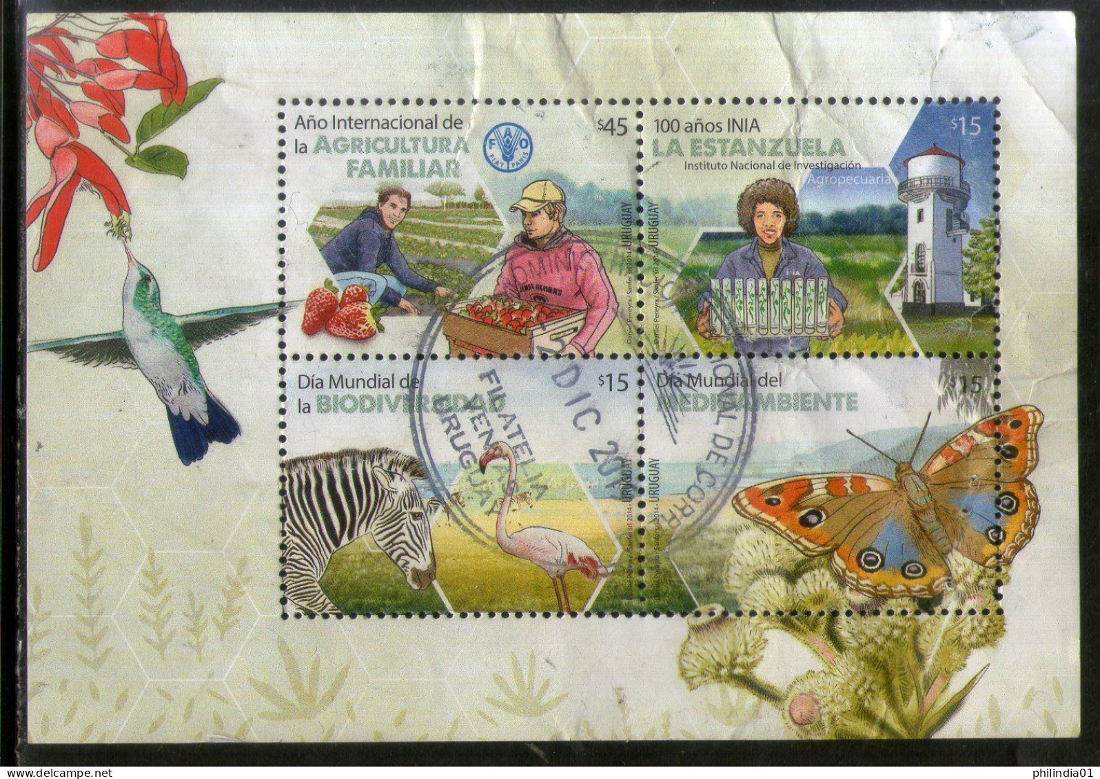 Uruguay 2014 Agriculture Biodiversity Animals Butterfly Bird Used M/s # 7641A - Agricoltura
