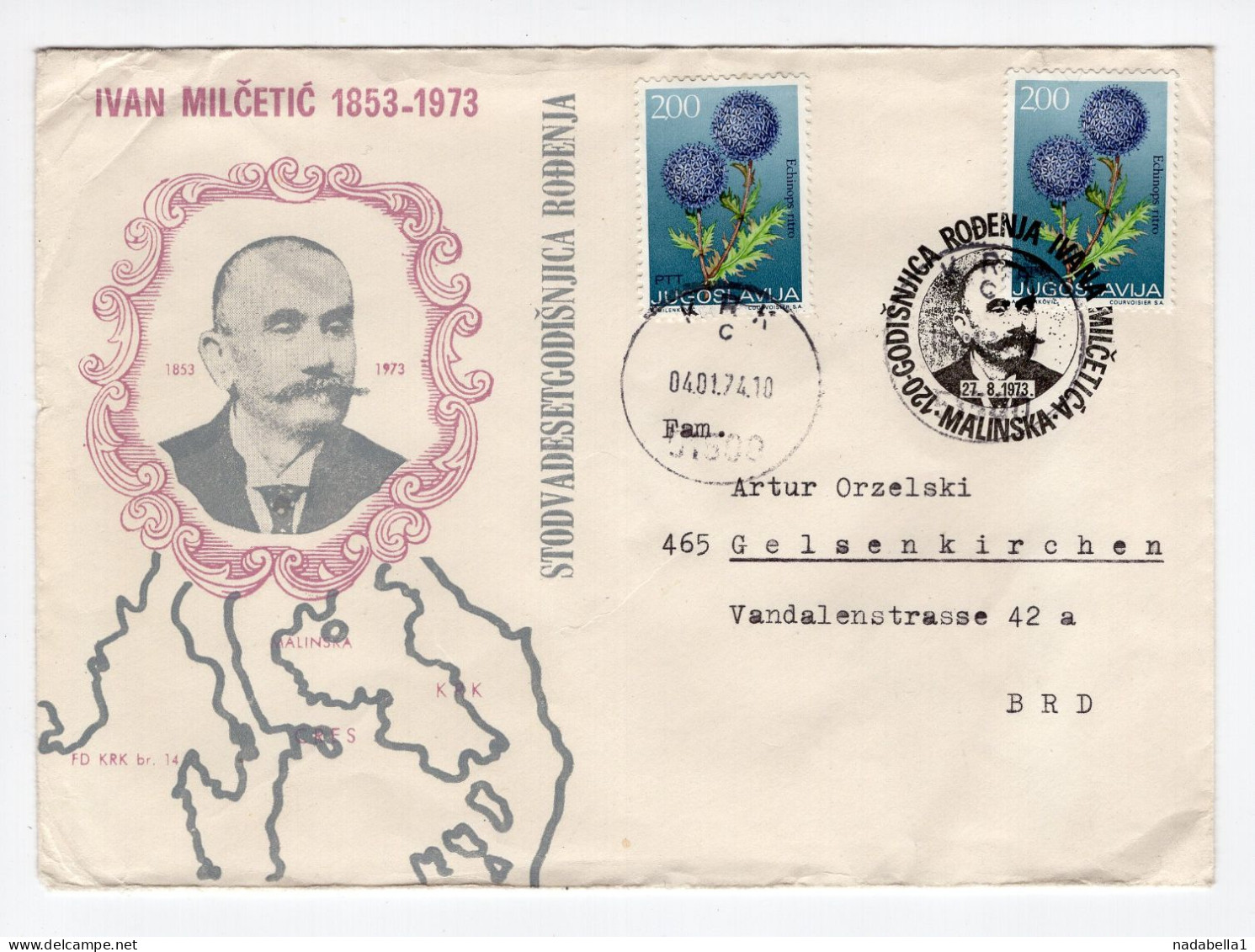 1974. YUGOSLAVIA,CROATIA,KRK CANCELLATION,SPECIAL COVER AND CANCELLATION:IVAN MILCETIC,SENT TO DDR - Brieven En Documenten