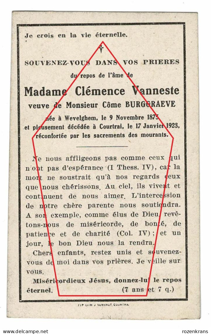 Clemence Vanneste Come Burggraeve Kortrijk Wevelgem Foto Photo Doodsprentje Bidprentje Avis De Décès Image Mortuaire - Obituary Notices