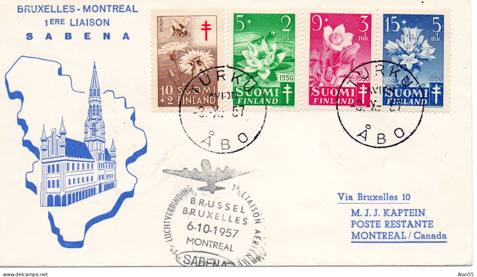 FINLANDE.1957." ANTITUBERCULOSE".AERIEN: "1ER VOL BRUXELLES- MONTREAL". - Cartas & Documentos