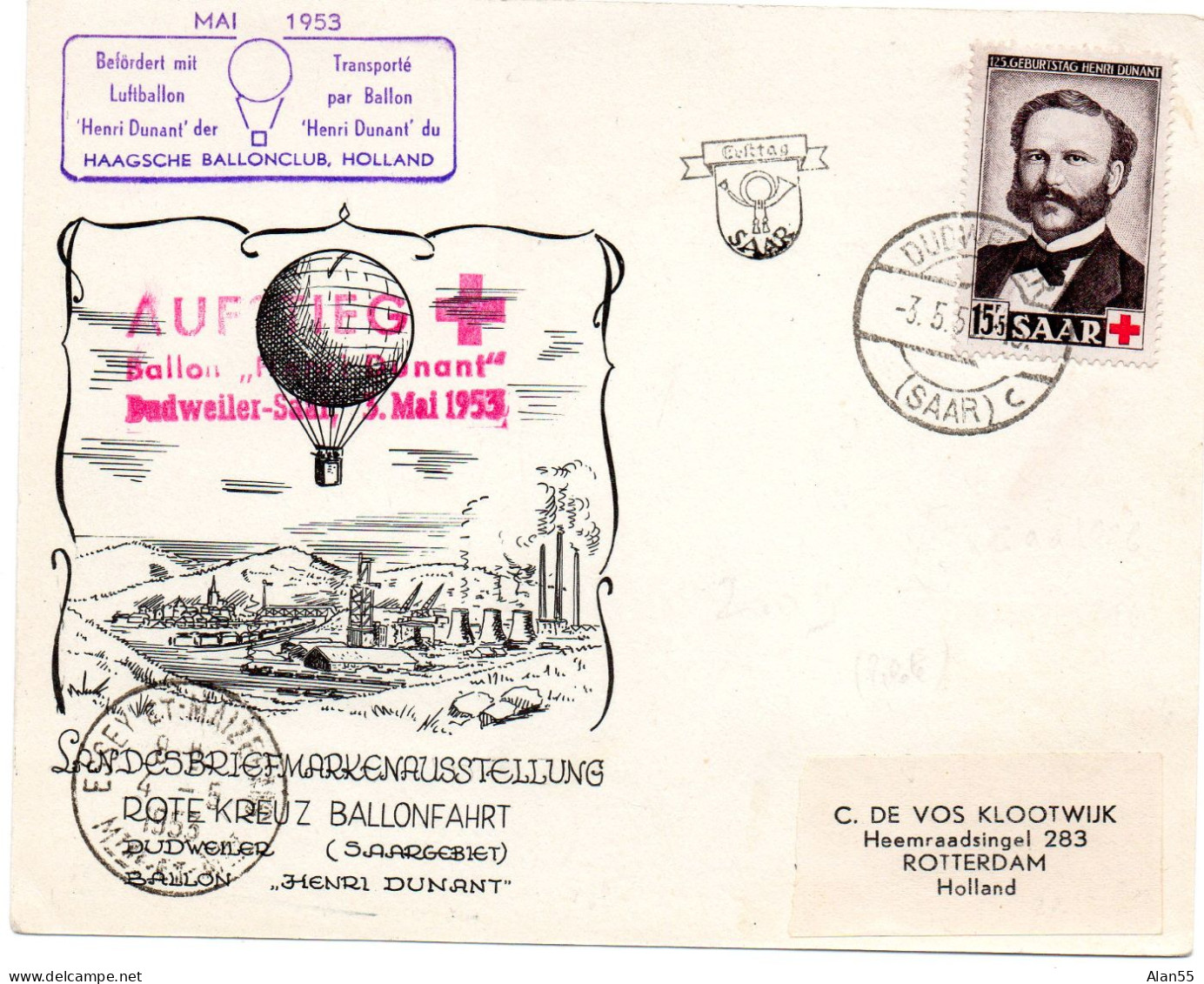 SAAR.1953. "BALLON HENRI DUNANT...".CROIX-ROUGE Pour Les PAYS-BAS. - Rotes Kreuz