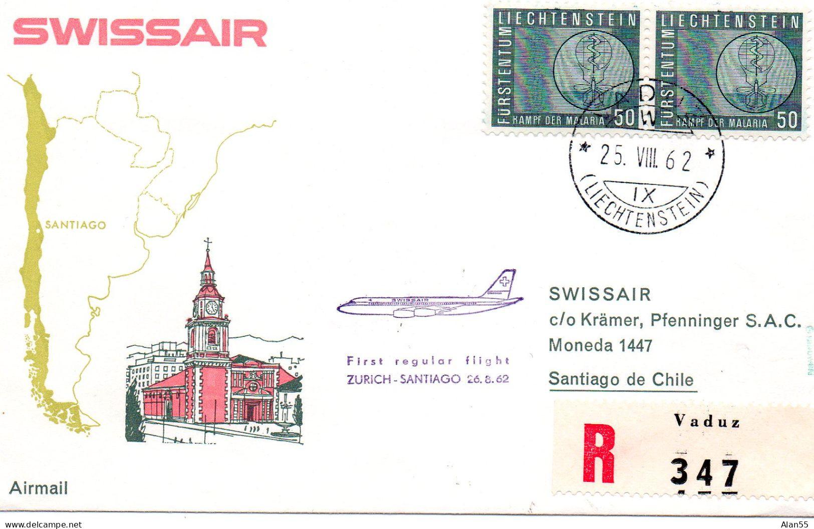 LIECHTENSTEIN.1962. "1ER VOL ZURICH- SANTIAGO". (CHILI). - Posta Aerea