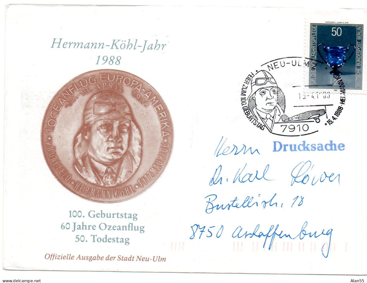 ALLEMAGNE. 1988."VOL ANNIVERSAIRE HERMANN-KOHL. "NEU-ULM2". - Vliegtuigen