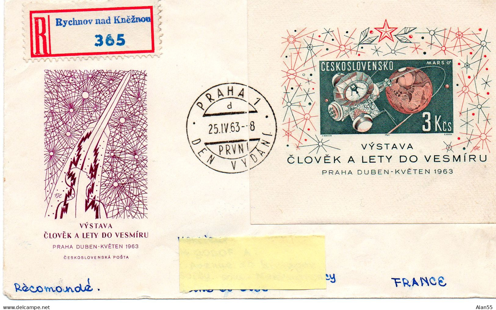 TCHECOSLOVAQUIE.1963 .Lettre Rec.pour La FRANCE.BLOC-FEUILLET "EXPOSITION DU COSMOS A PRAGUE". - Astronomy