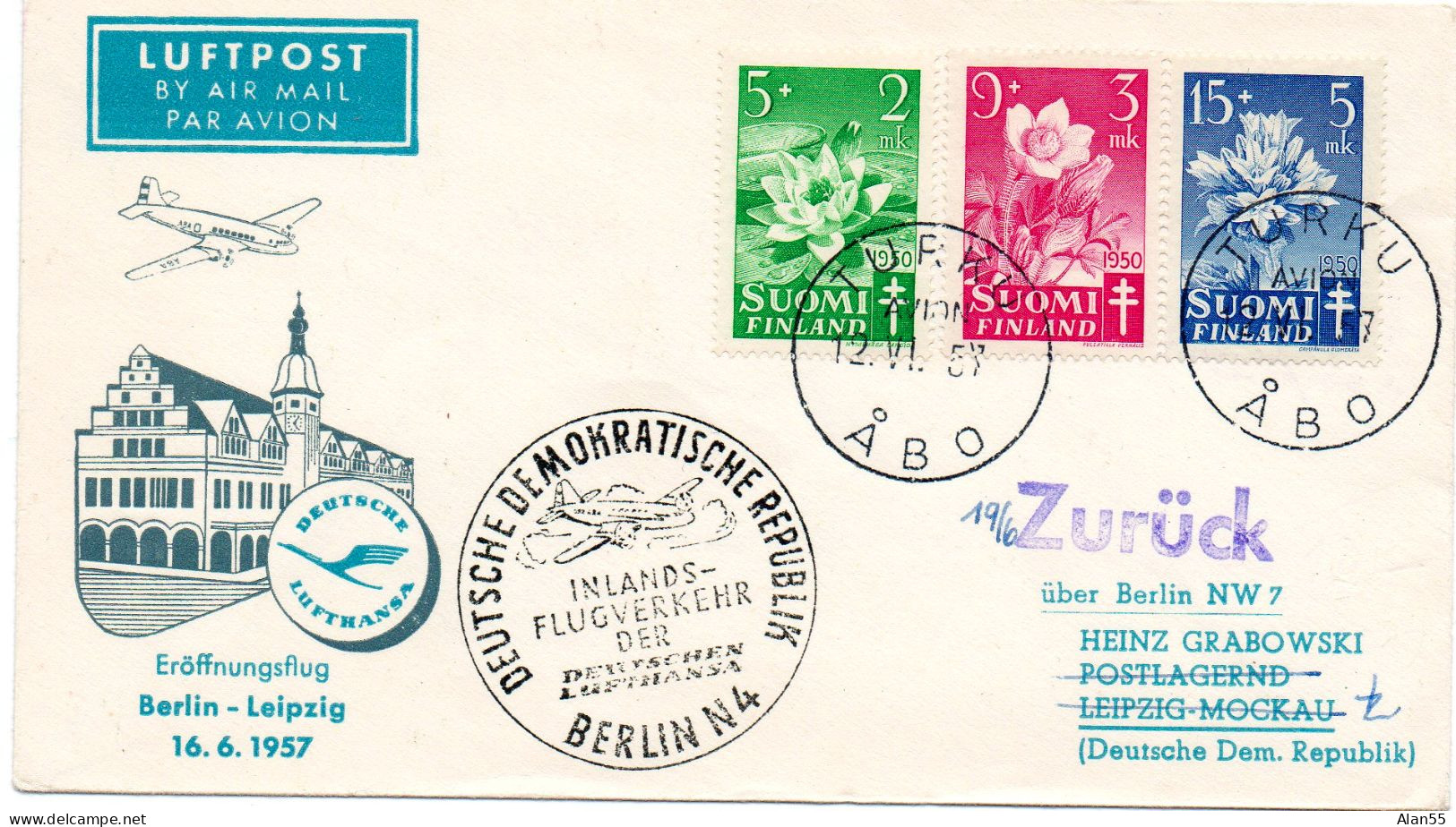 FINLANDE.1957. "ANTITUBERCULOSIS". AERIEN: "DDR- VOL BERLIN-LEIPZIG". - Covers & Documents