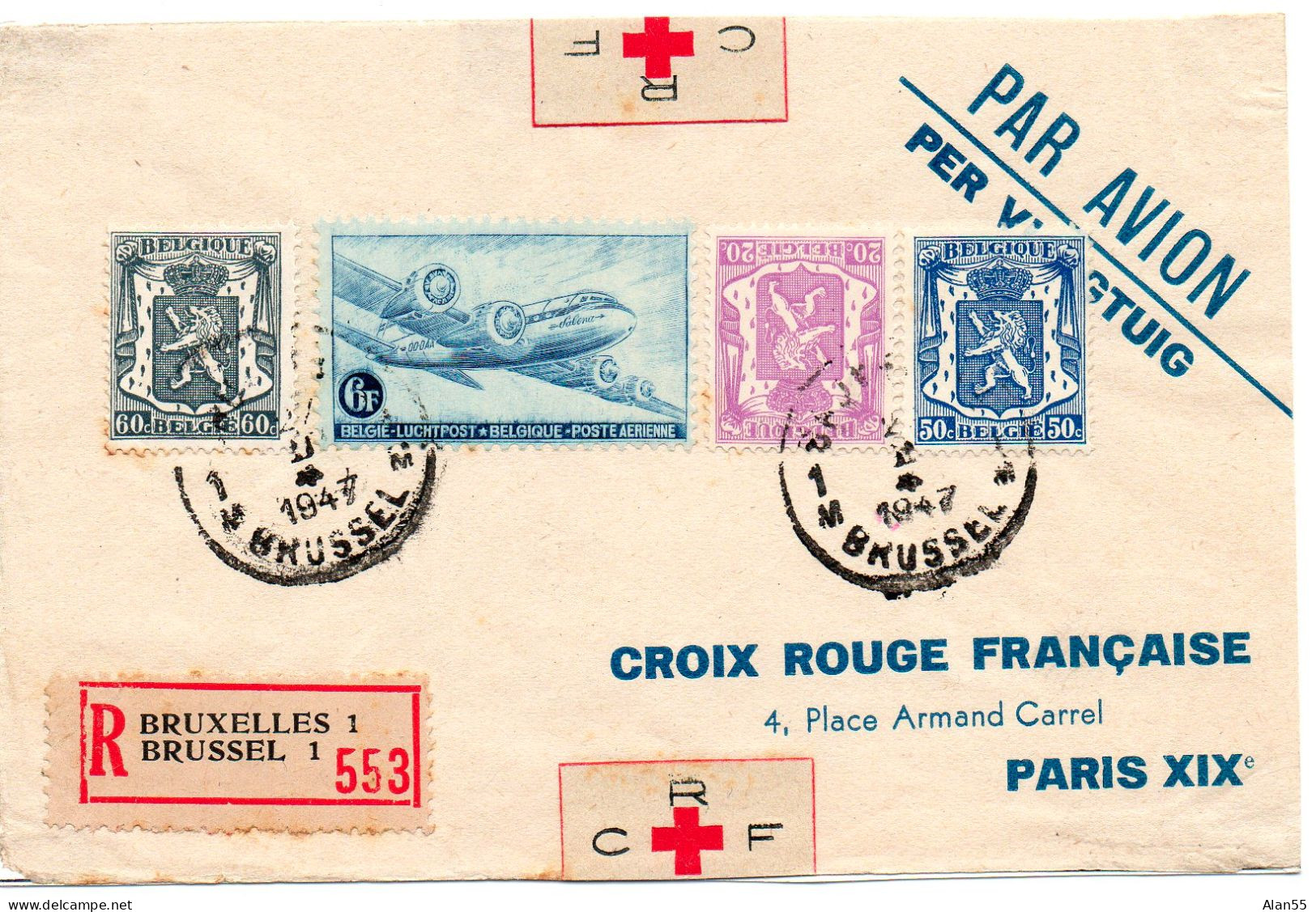 BELGIQUE.1947.AVIATION. CROIX-ROUGE.Devant De Lettre Recommandée Pour La FRANCE - Croix-Rouge