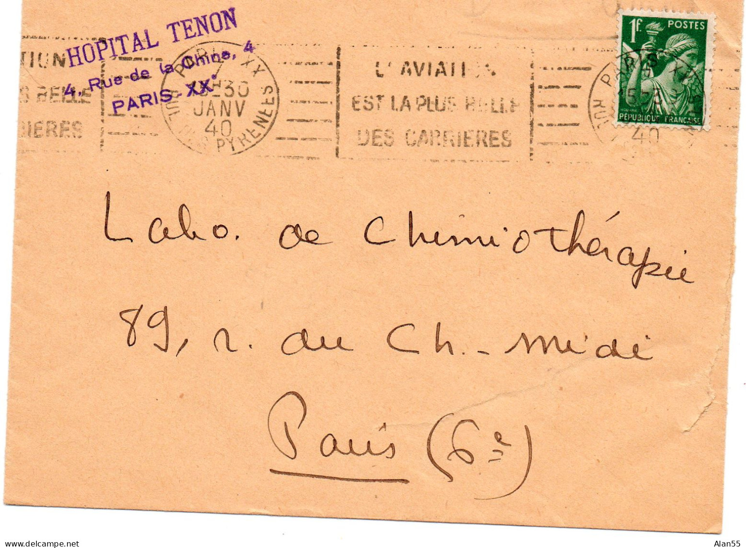 FRANCE.1940. (GUERRE). "HOPITAL TENON"."L'AVIATION LA PLUS BELLE DES CARRIERES". TYPE:"IRIS".PARIS (SEINE) - Cartas & Documentos