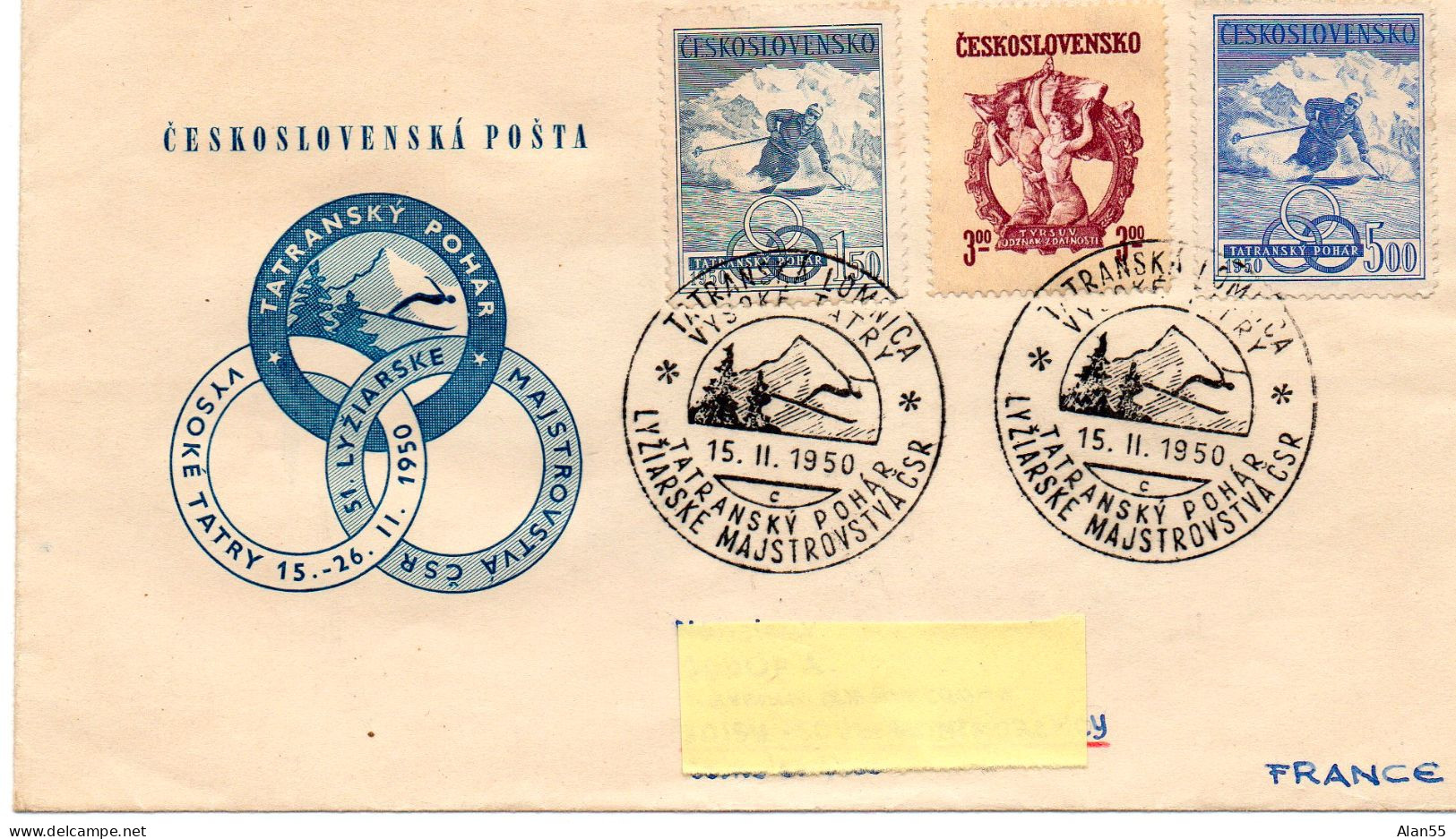 TCHECOSLOVAQUIE.1950. LETTRE P.J. Pour La France "CHAMPIONNAT NATIONAUX DE SKI...".VERSO:".ECRIVAIN.POETE. - Sci