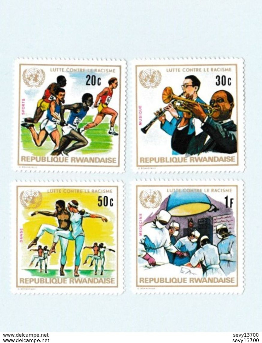 République Rwandaise Lot De 4 Timbres Neufs Lutte Contre Le Racisme ( Dance, Médecine, Musique, Sports) - Sammlungen