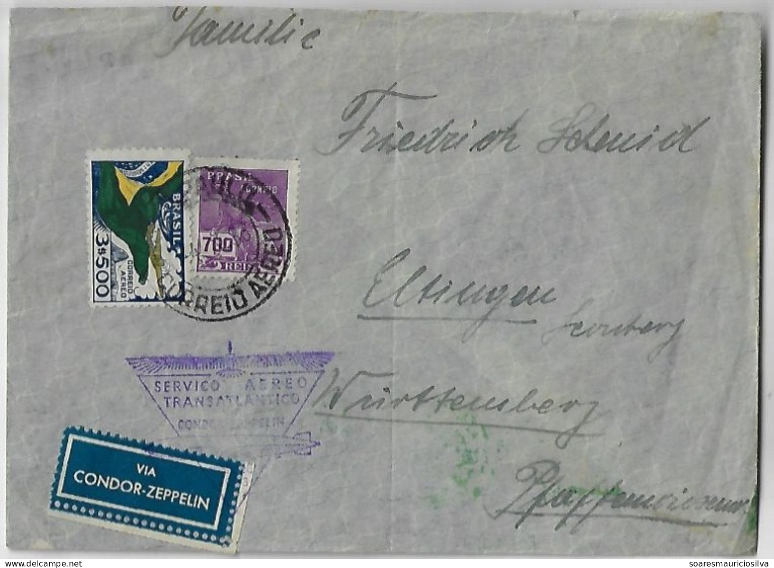 Brazil 1933 Cover São Paulo Friedrichshafen Württemberg Germany Cancel Transatlantic Air Service Condor Zeppelin Label - Airmail (Private Companies)