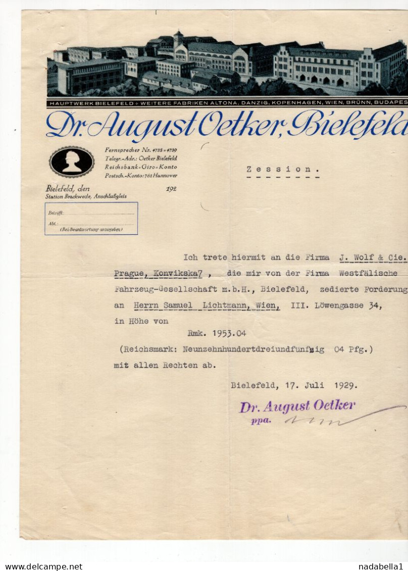 1929. GERMANY,BIELEFELD,DR. AUGUST OETKER LETTERHEAD,BAKING POWDER MAKERS - Alimentare