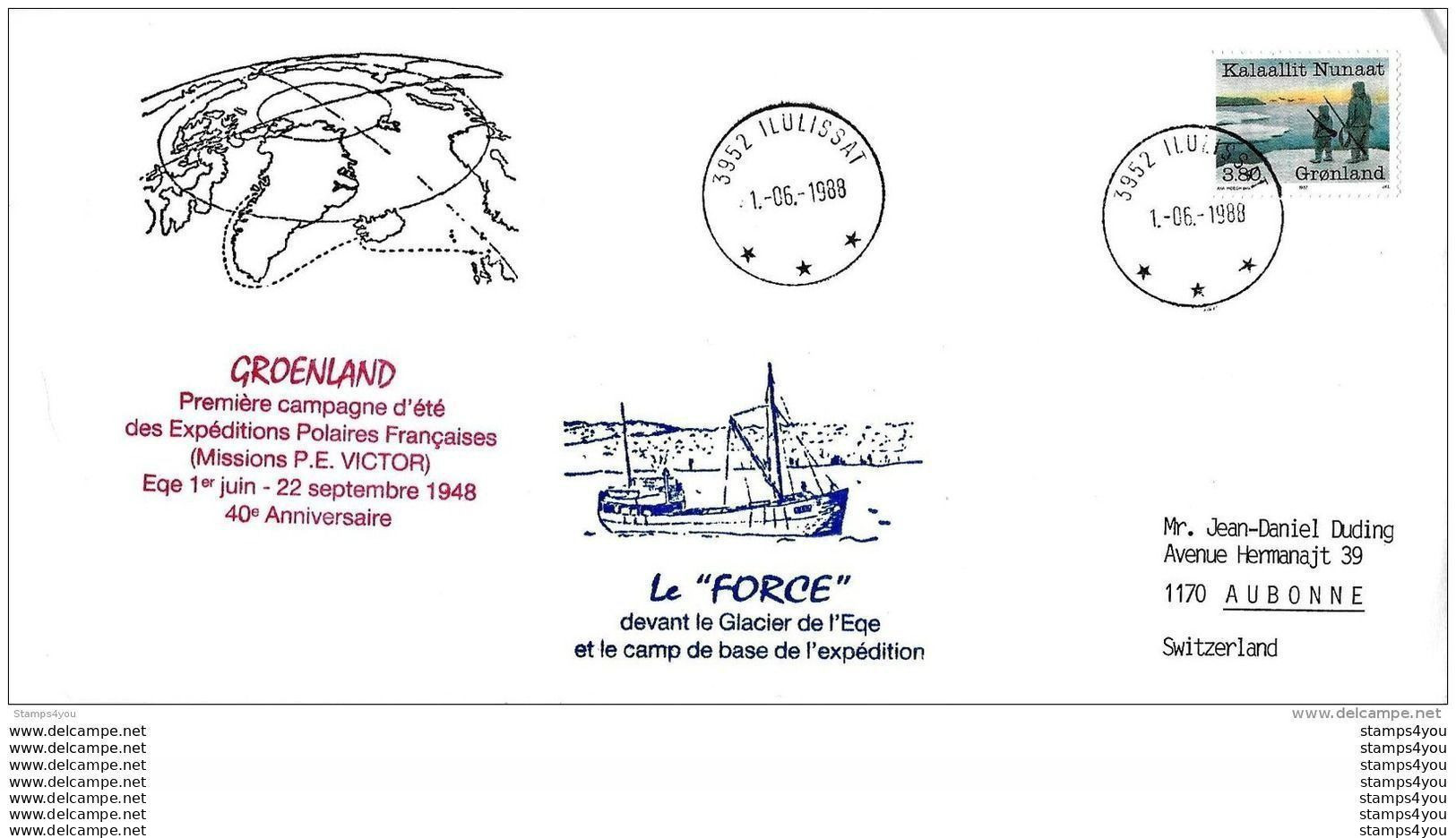 G 304 - Enveloppe Groenland "50ème Anniv Exp Polaires Françaises Missions PE Victor" - Ilulissat 1988 - Briefe U. Dokumente