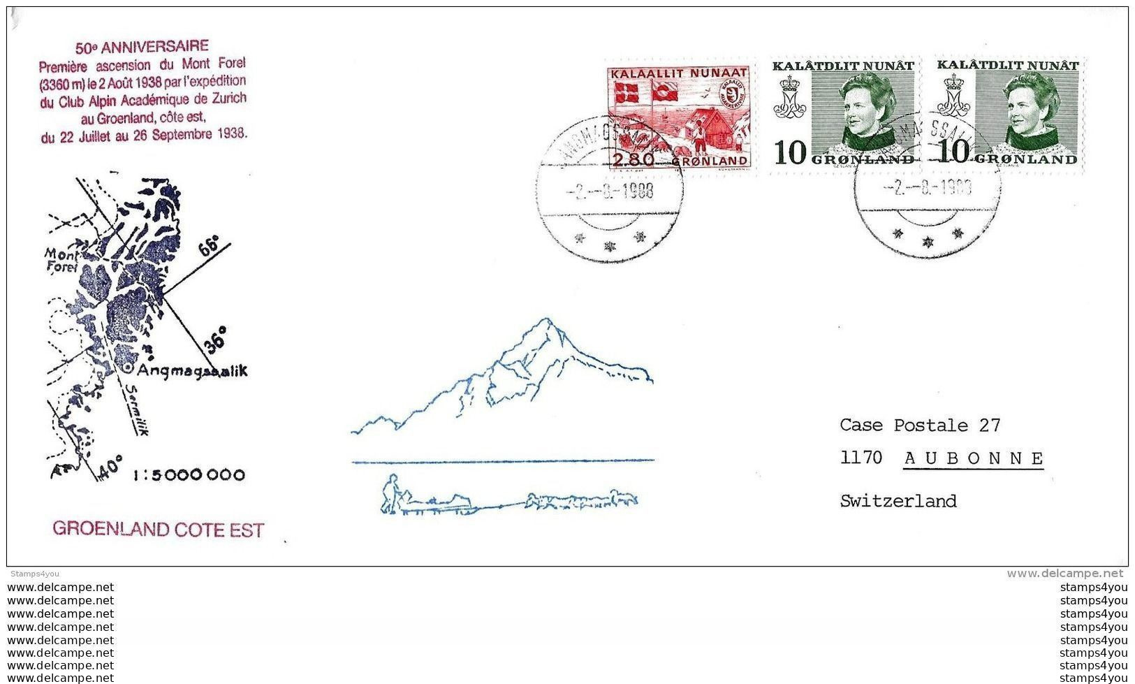 G 303 - Enveloppe Groenland "50ème Anniv De La 1ère Ascension Mt Forel Côte Est 1938-1988 - Storia Postale