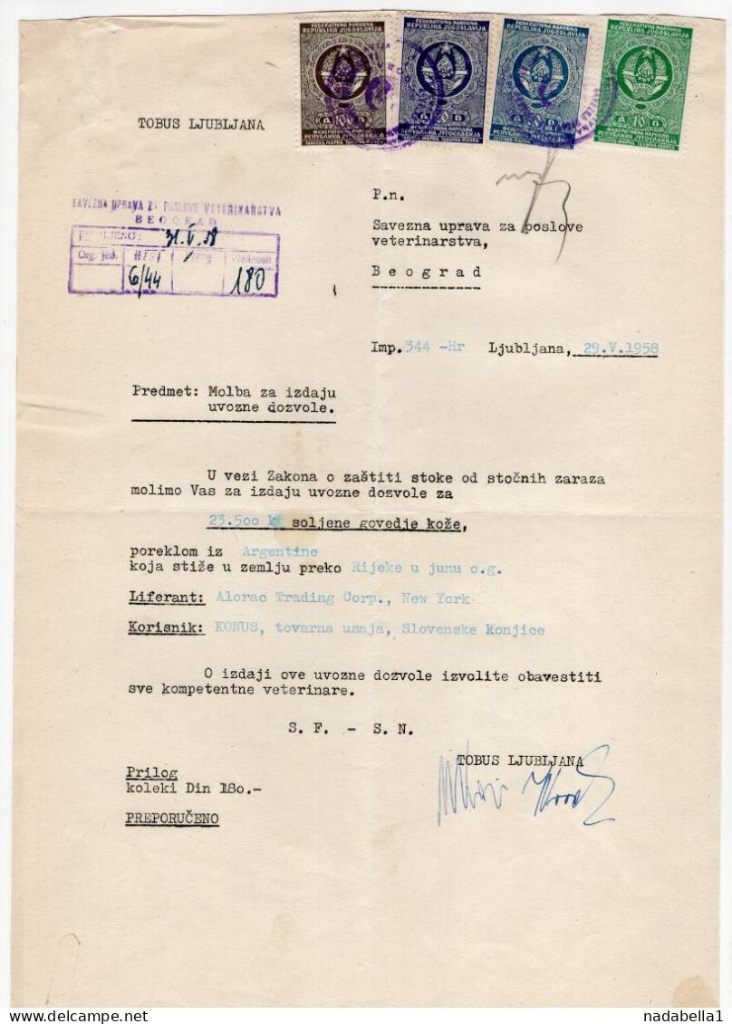 1958. YUGOSLAVIA,SLOVENIA,LJUBLJANA,TOBUS TO VETERINARY MINISTRY,ASKING FOR IMPORT ON LETTERHEAD,3 STATE REVENUE STAMPS - Brieven En Documenten