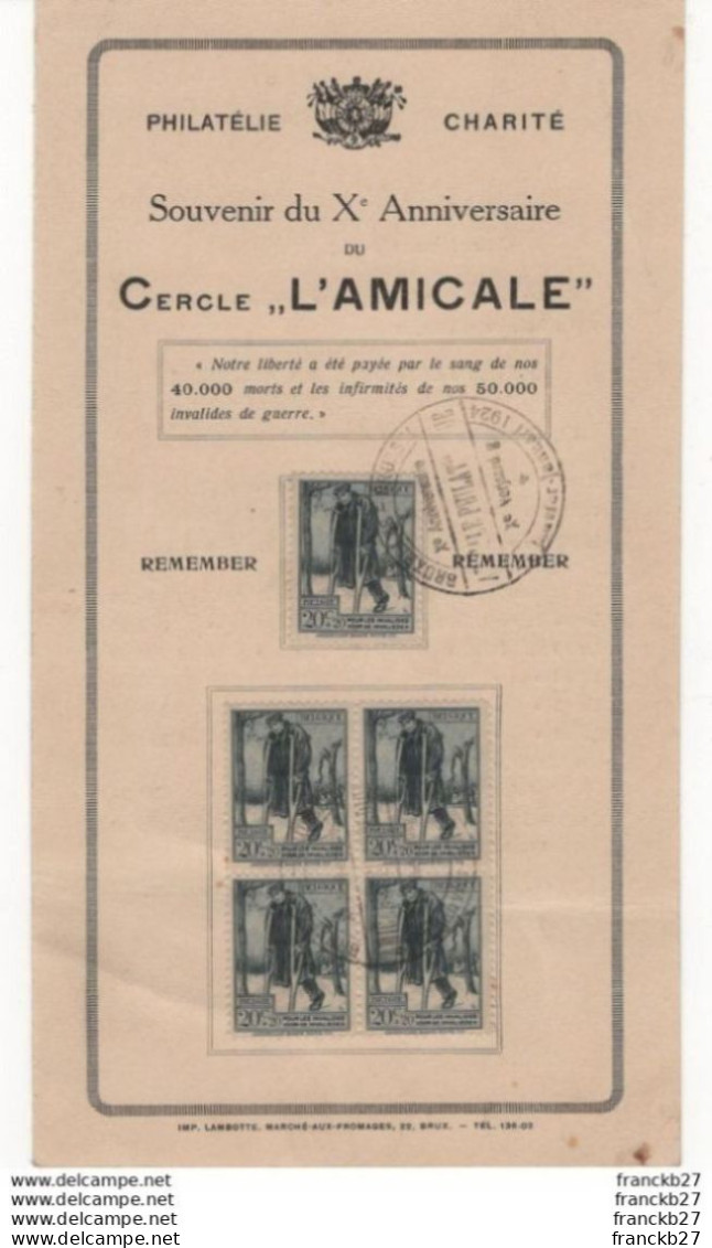 Belgique Belgie - Philatelie Charité - X° Anniversaire Du Cercle L'amicale Avec 5 Timbres 20c+20 1924 - Storia Postale