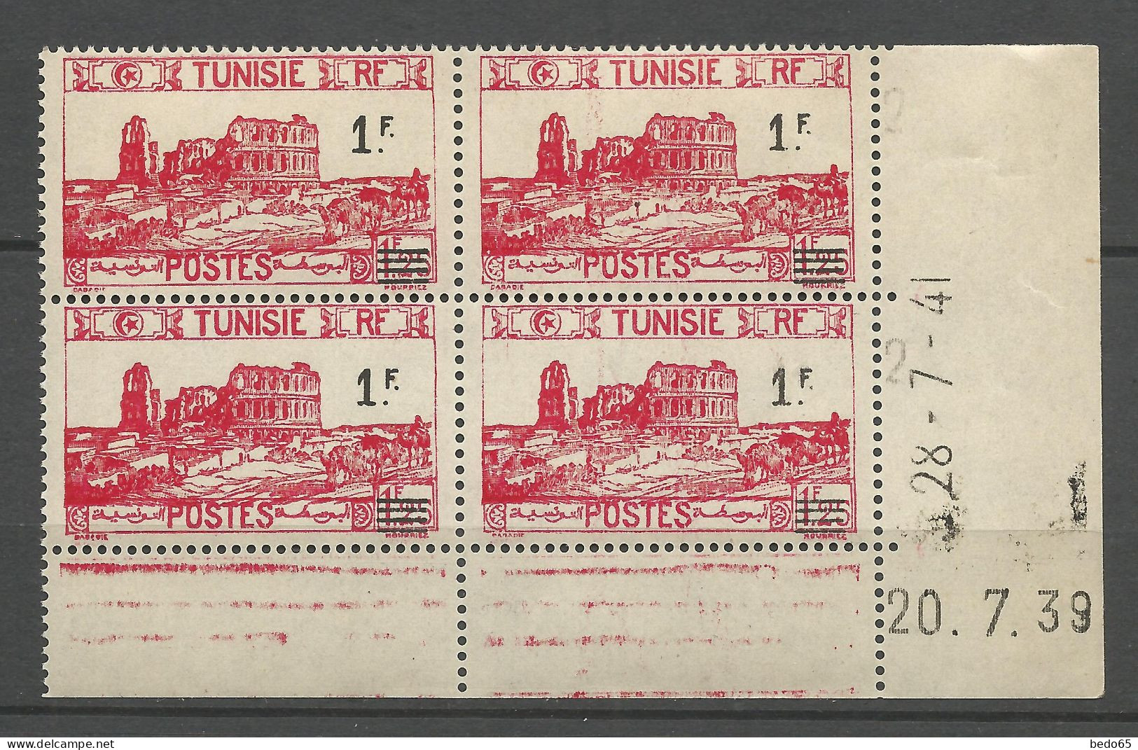 TUNISIE N° 224 Coin Daté 28.7.41 Surcharge Recto Verso NEUF**  SANS CHARNIERE / Hingeless / MNH - Neufs
