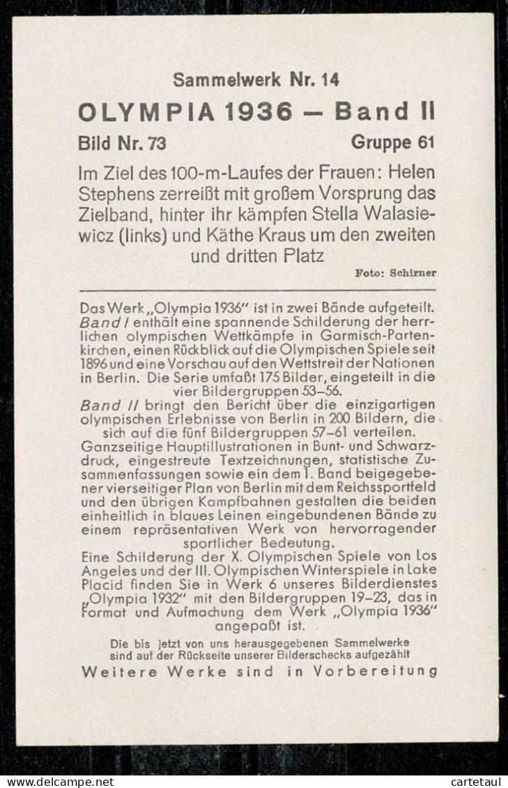 Jeux Olympiques JO 1936  Berlin 100 M Dames    Image Chromo 8 X 12 Cm  JAMAIS COLLEE - Sonstige & Ohne Zuordnung