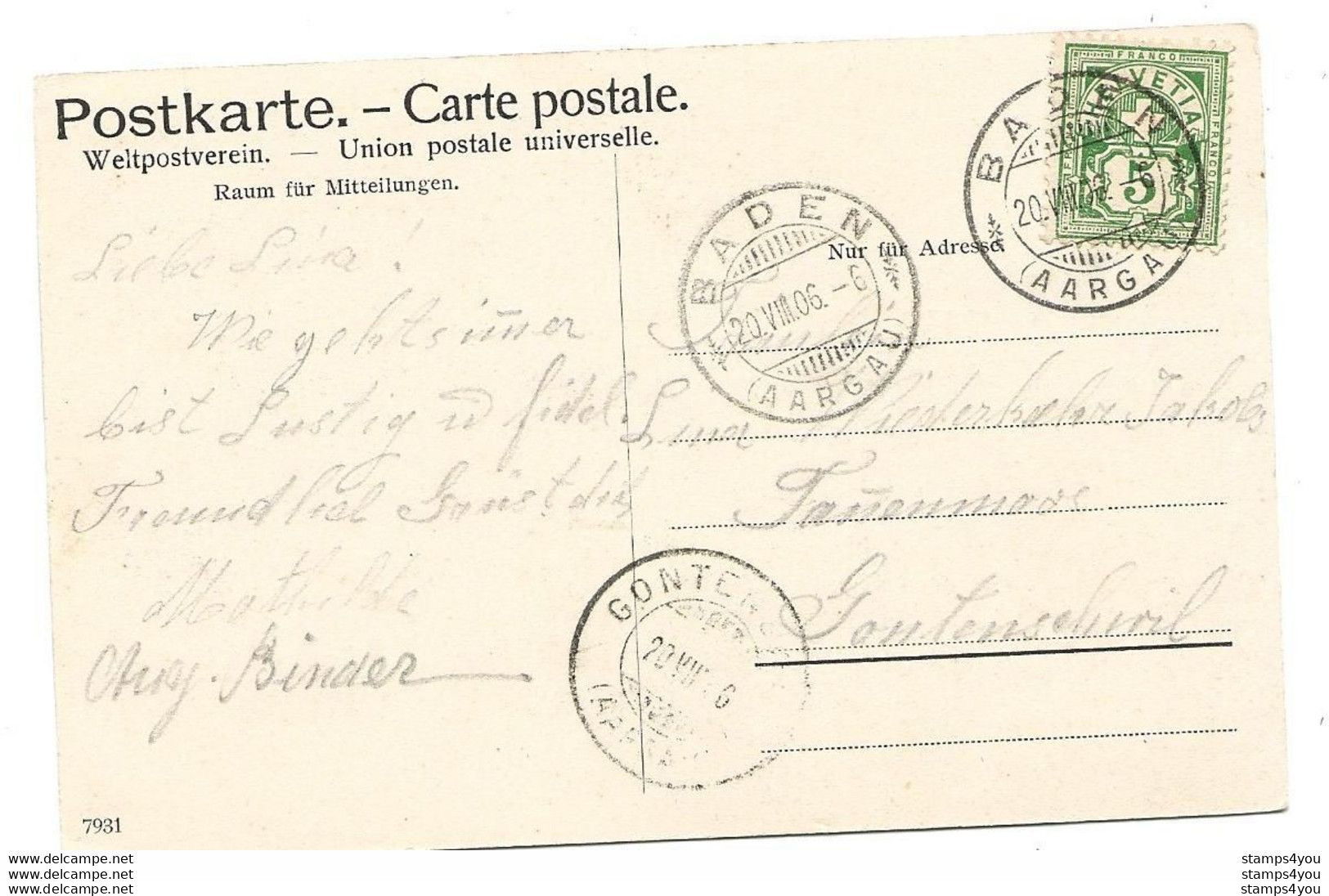20 -  9 - Carte De Baden Avec Superbes Cachets à Date 1906 - Cartas & Documentos