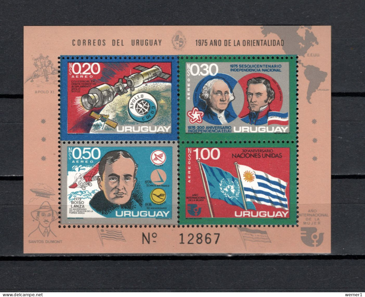 Uruguay 1975 Space, Apollo-Soyuz, US Bicentennial, Boiso Lanza, UN 30th Anniv. S/s MNH - Zuid-Amerika