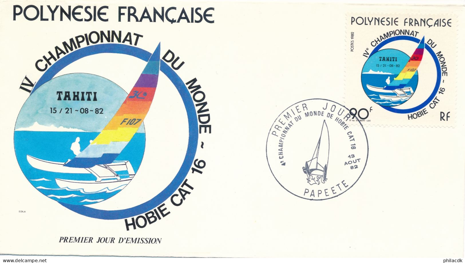 POLYNESIE FRANCAISE - ENVELOPPE PREMIER JOUR  DU 13 AOUT 1982 4EME CHAMPIONNAT DU MONDE DE HOBBIE CAT 16 - Sailing