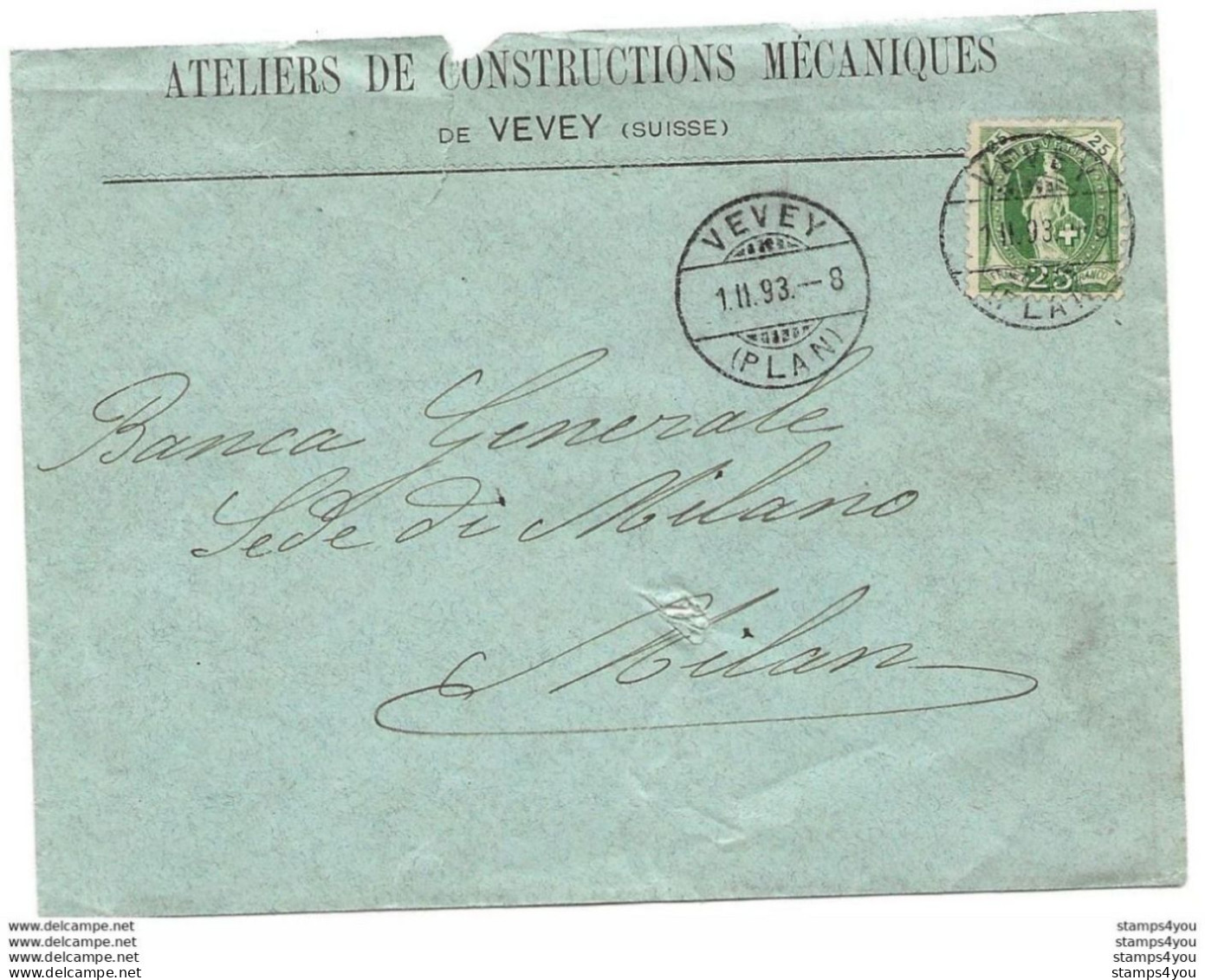 VD - 56 - Enveloppe Envoyée De Vevey 1893 - Cartas & Documentos