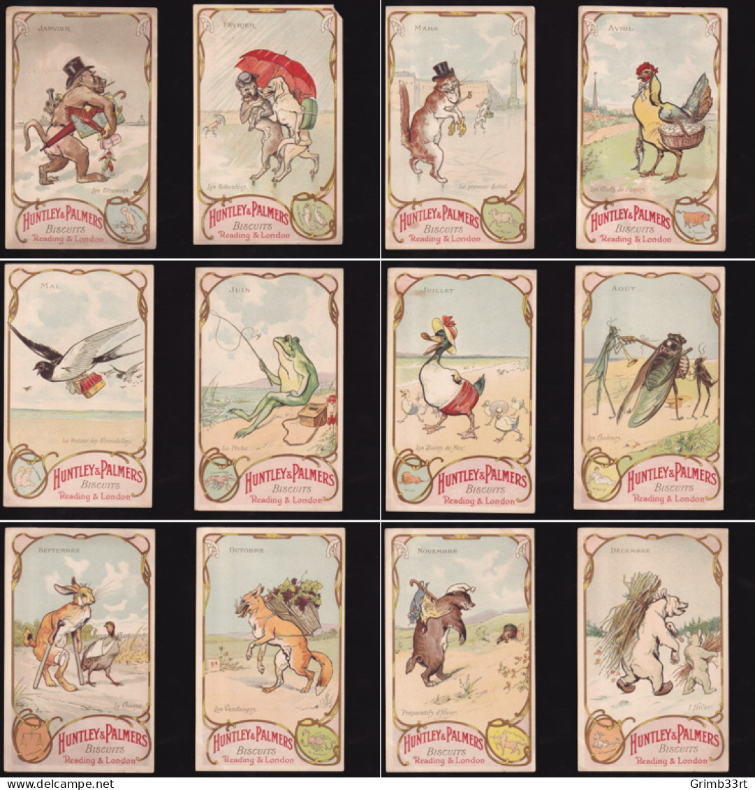 Biscuits Huntley & Palmers - Année Complète - 12 Mois Horoscope Animaux Animés - Format CPA - Autres & Non Classés