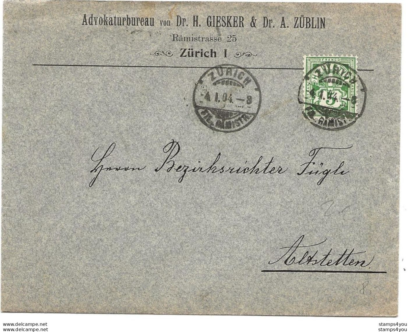 1 - 43 - Enveloppe Envoyée De Zürich 1904 - Cartas & Documentos