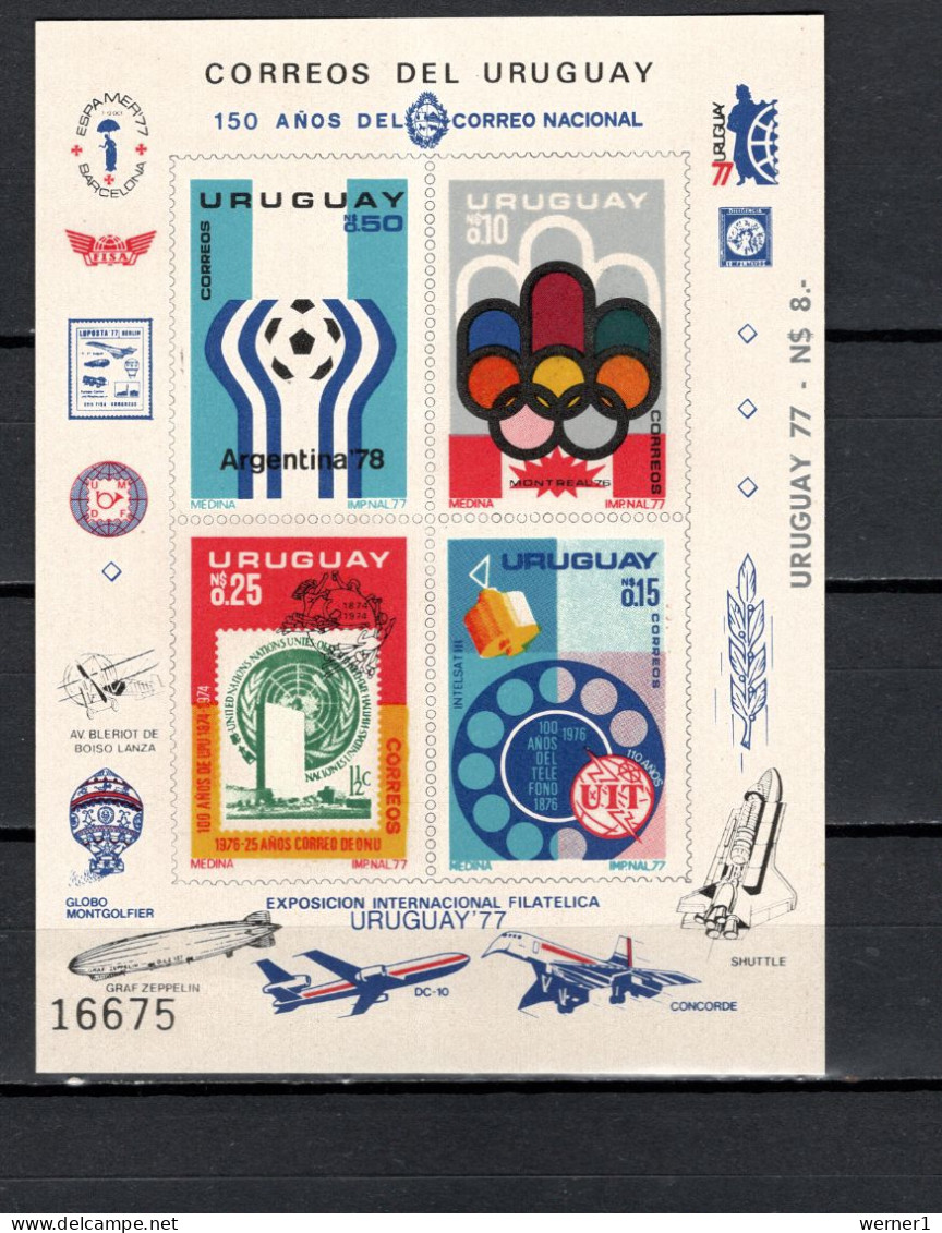 Uruguay 1976 Space, Olympic Games Montreal, Telephone Cent., UPU Cent., Football Soccer World Cup S/s Imperf. MNH - Amérique Du Sud