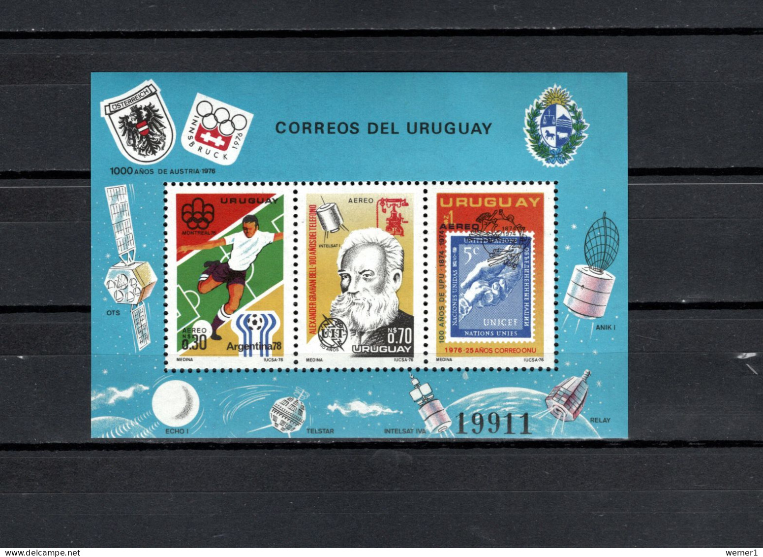 Uruguay 1976 Space, Olympic Games Montreal, Telephone Cent., UPU Cent., Football Soccer World Cup S/s MNH - Amérique Du Sud