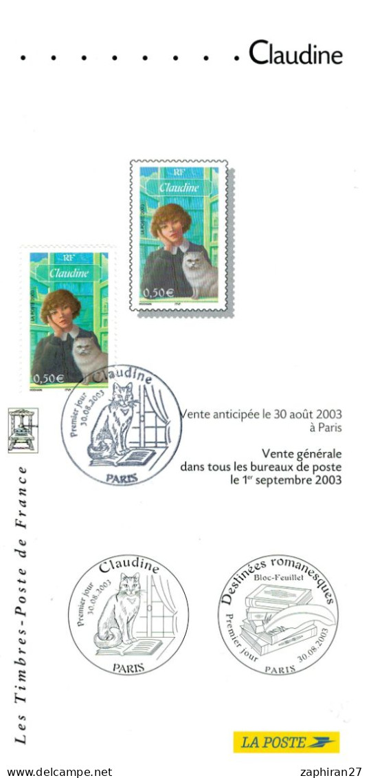 ECRIVAIN : CLAUDINE OEUVRE DE COLETTE ET SON CHAT (30-8-2003) NOTICE 3 FEUILLETS #655# - Katten