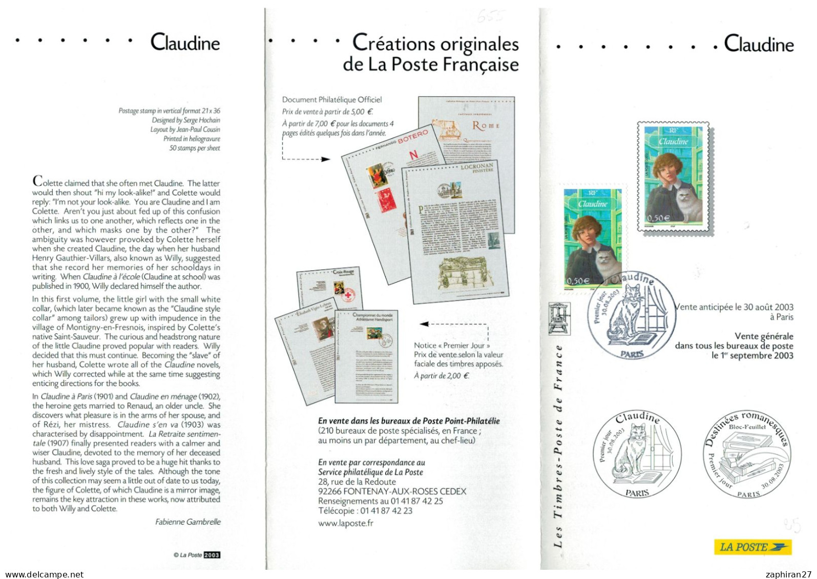 ECRIVAIN : CLAUDINE OEUVRE DE COLETTE ET SON CHAT (30-8-2003) NOTICE 3 FEUILLETS #655# - Gatti