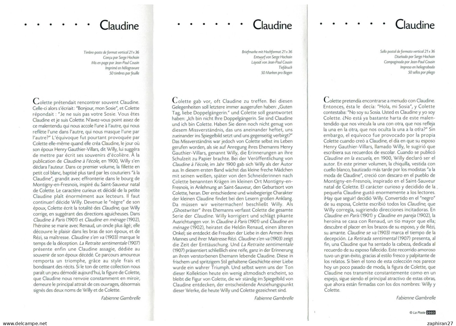 ECRIVAIN : CLAUDINE OEUVRE DE COLETTE ET SON CHAT (30-8-2003) NOTICE 3 FEUILLETS #655# - Hauskatzen