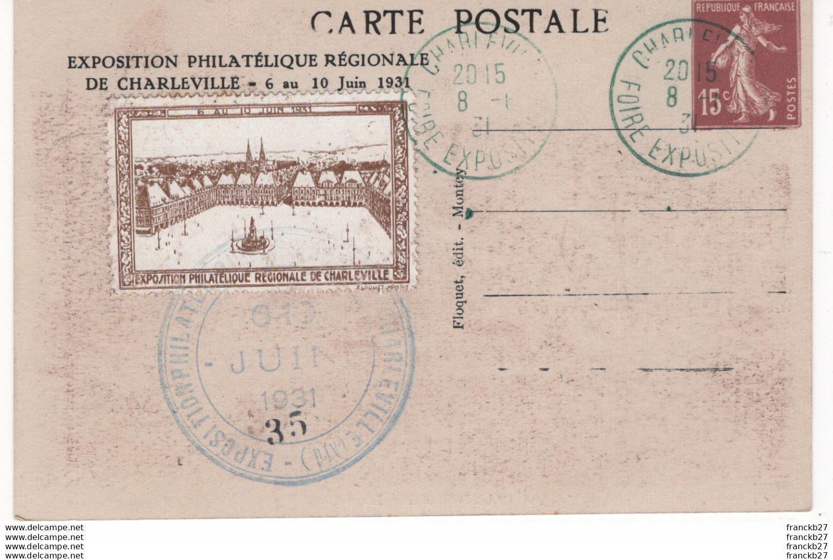 France - Entier Postal Semeuse 15 C Timbré Sur Commande De L 'Exposition Philatelique De Charleville En 1931 - Cartes Postales Types Et TSC (avant 1995)