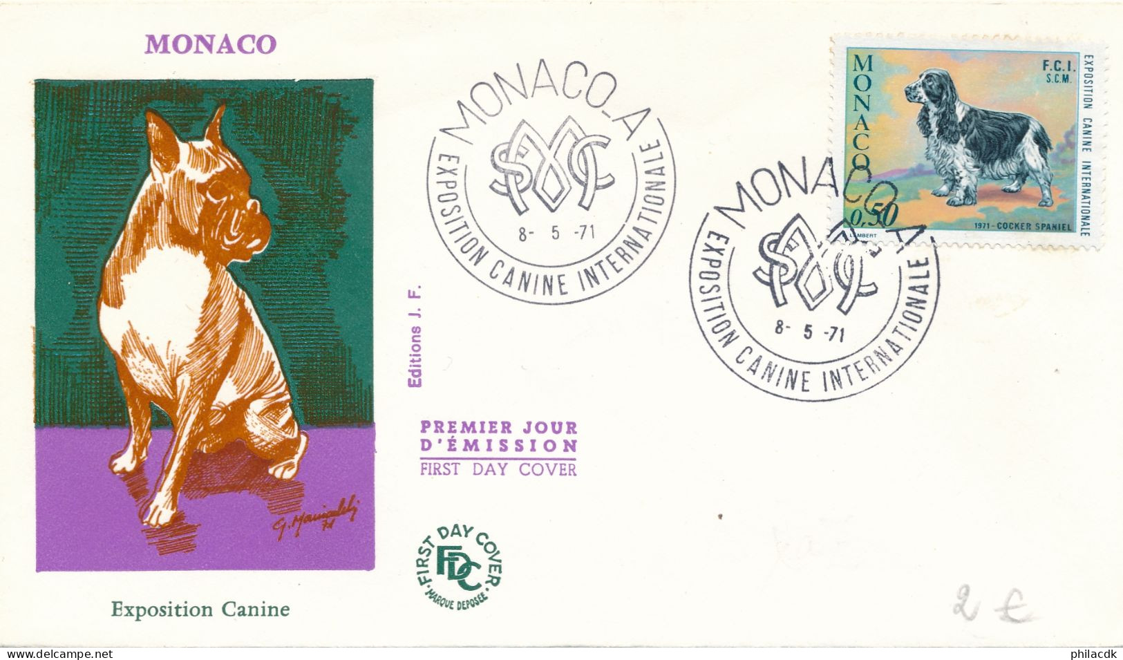MONACO - ENVELOPPE PREMIER JOUR DU 8 MAI 1971 EXPOSITION CANINE INTERNATIONALE COCKER SPANIEL - Chiens