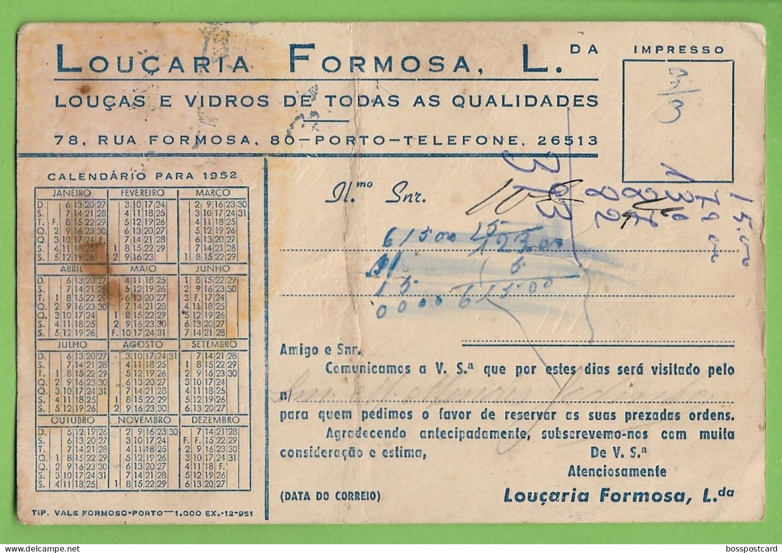 Porto - Calendário Para 1952 Da Casa Comercial Louçaria Formosa - Publicidade ( Danificado)- Portugal - Porto