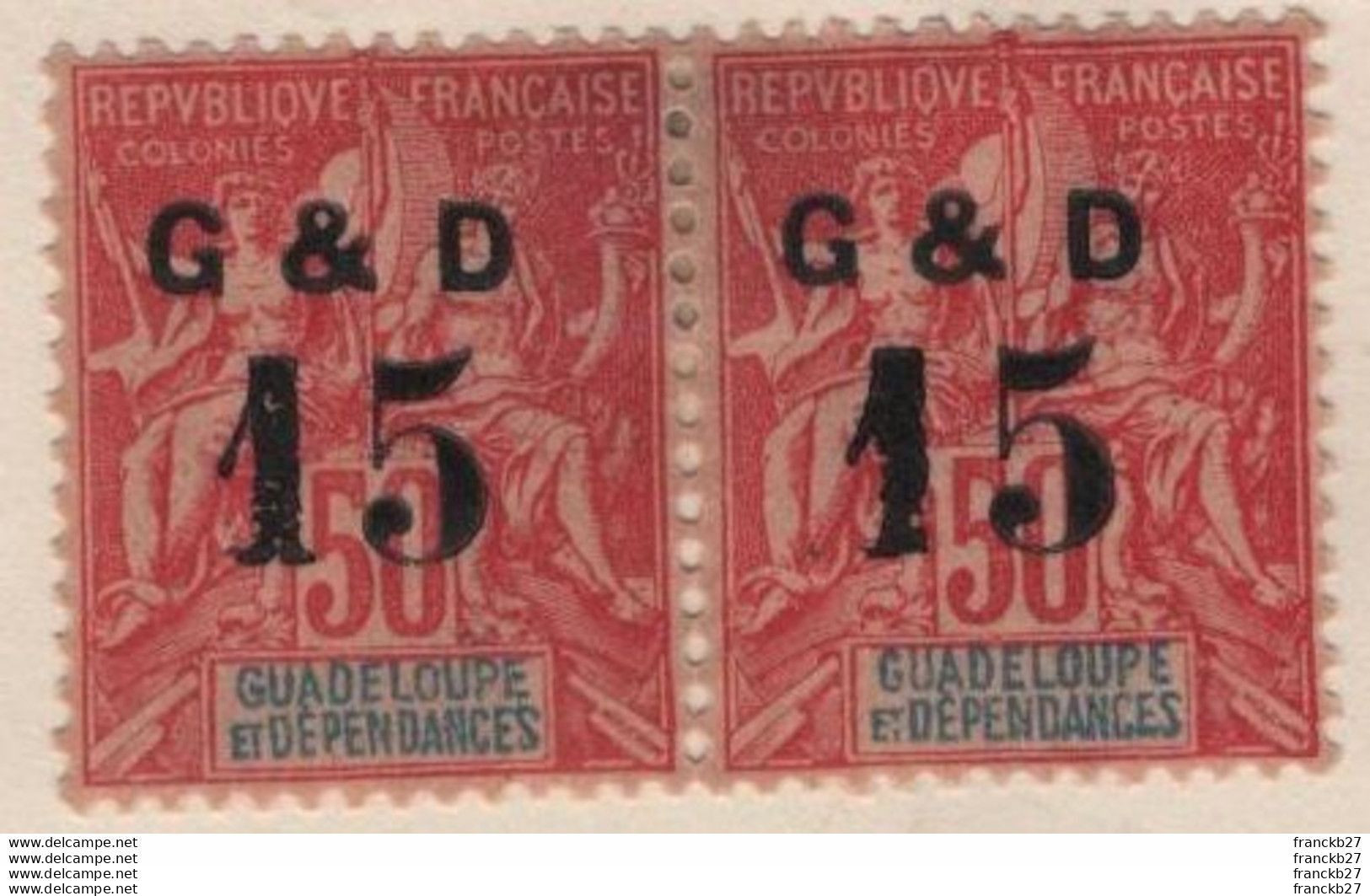 Guadeloupe - Bloc De 2 Timbres Guadeloupe Et Dépendances Mouchon 50 C Surcharge 15 - Ongebruikt