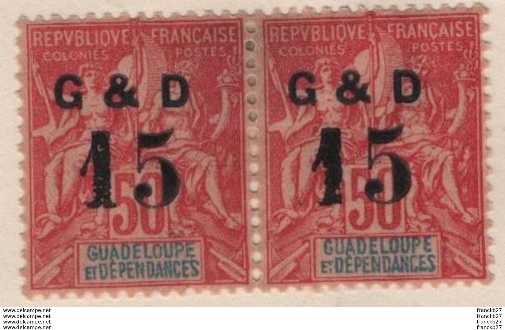 Guadeloupe - Bloc De 2 Timbres Guadeloupe Et Dépendances Mouchon 50 C Surcharge 15 - Unused Stamps