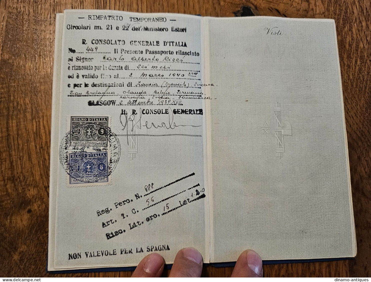 1939 Italy passport passeport issued in Rome - travel to France United Kingdom