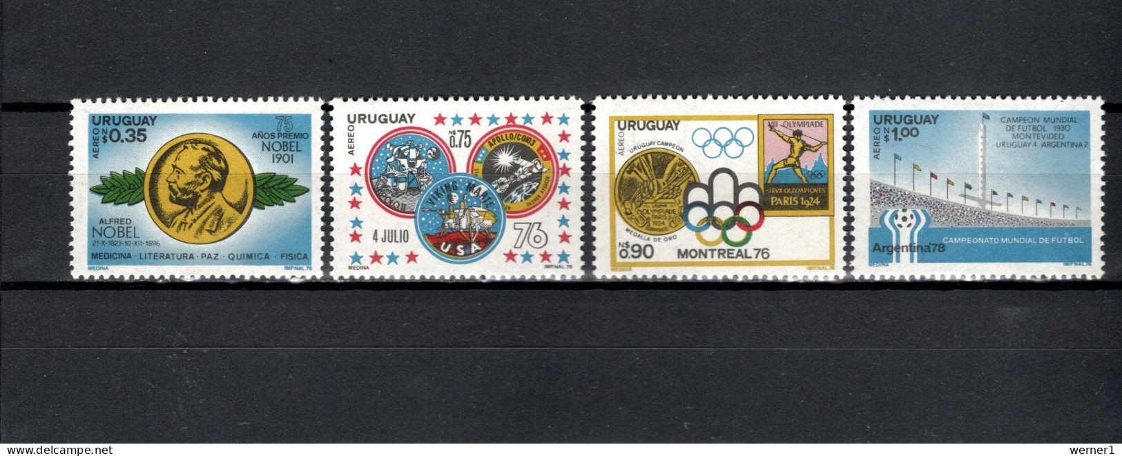 Uruguay 1976 Space, Football Soccer World Cup, Olympic Games Montreal, Viking, Nobel Prize 4 Stamps From S/s MNH - Sud America