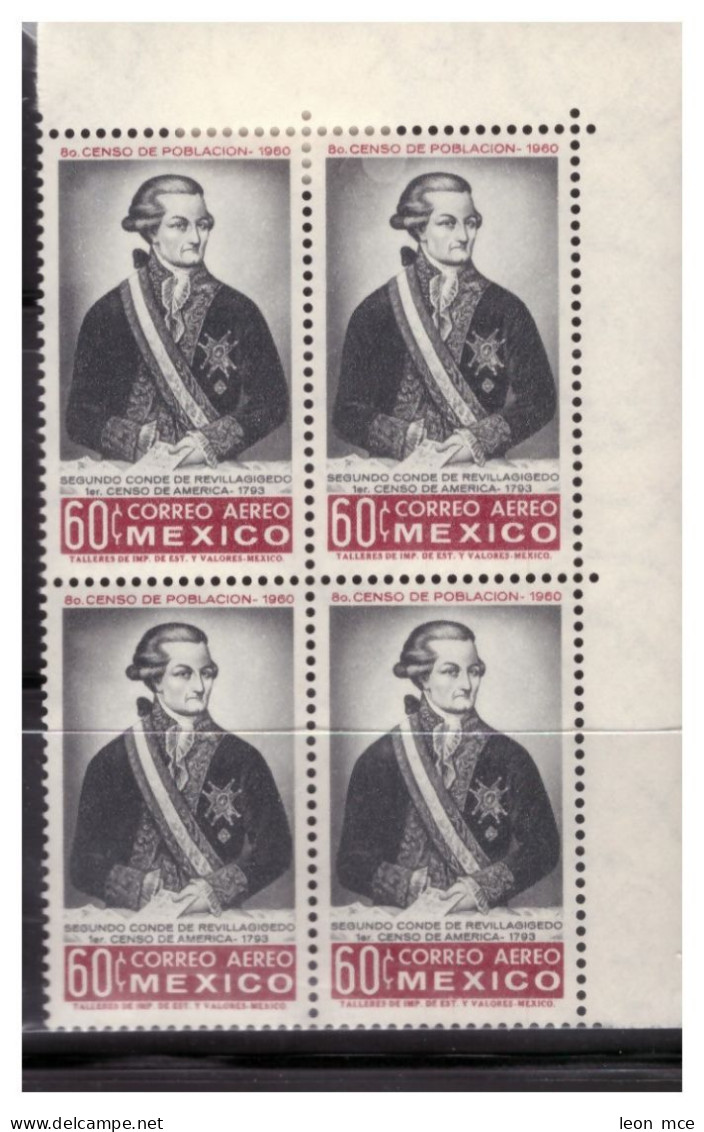 1960 MÉXICO CONDE DE REVILLAGIGEDO Sc. C257 MNH Block Of 4  COUNT 1st. CENSUS  In AMERICA 1793 - Mexico