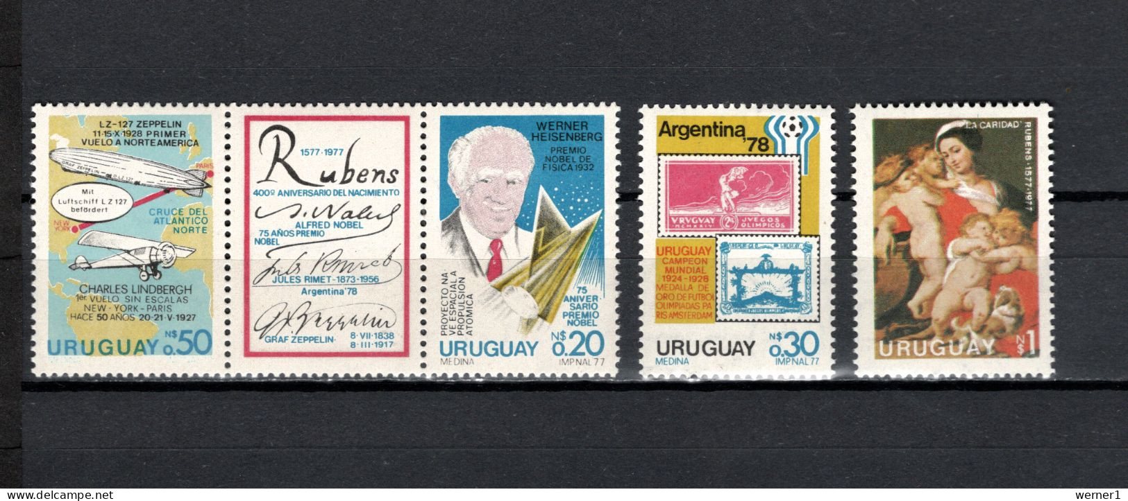 Uruguay 1977 Space, Werner Heisenberg, Football Soccer World Cup, Zeppelin, Rubens Set Of 4 MNH - Sud America